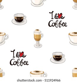 Beautiful seamless pattern with I love coffee lettering, espresso, cappuccino, macchiato for cafe or coffee-shops. Inspired by variety of coffee beverages.