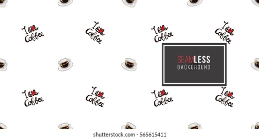 Beautiful seamless pattern with I love coffee lettering and espresso for cafe or coffee-shops. Vector background with isolated elements on white backdrop.