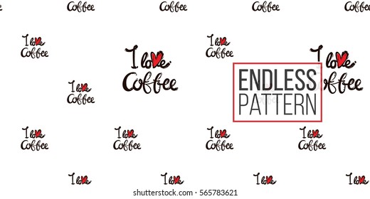 Beautiful seamless pattern with I love coffee lettering for cafe or coffee-shops. Vector background with isolated elements on white backdrop.