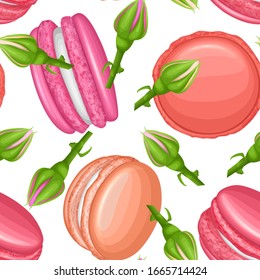 Beautiful seamless pattern with macaroons and roses top view, Suitable for packaging, fabric or napkins and menus decoration. Vector eps 10 illustration in cartoon style