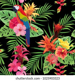 Beautiful seamless pattern with macaw, guzmania and hibiscus flowers on black background. Vector set of blooming tropical floral for wedding invitations, greeting card and fashion design.