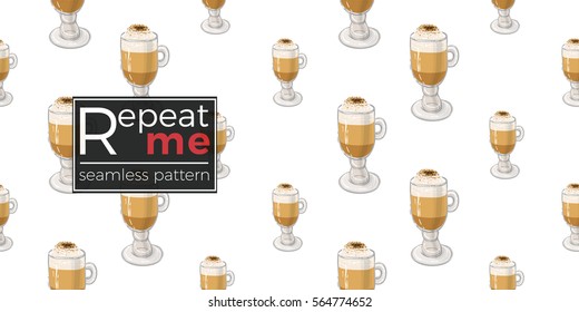 Beautiful seamless pattern with macchiato for cafe or coffee-shops. Inspired by coffee beverages. Vector background with isolated elements on white backdrop.