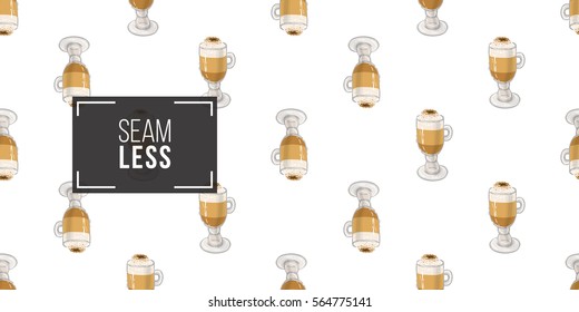Beautiful seamless pattern with macchiato for cafe or coffee-shops. Inspired by coffee beverages. Vector background with isolated elements on white backdrop.