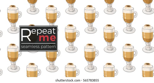 Beautiful seamless pattern with macchiato for cafe or coffee-shops. Inspired by coffee beverage. Vector background with isolated elements on white backdrop.