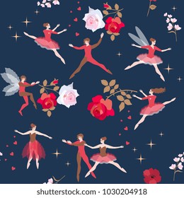 Beautiful seamless pattern with magic dancers and rose flowers in starry sky. Fairy tale. Romantic ballet. Vector illustration. 