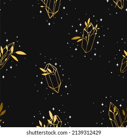 Schönes nahtloses Muster mit magischen goldenen Kristallen mit Umriss, Vektorgrafik. Zeitgenössische Komposition. Trendfarbene Textur für Druck, Textilien, Verpackung.