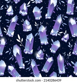 Beautiful seamless pattern with  magic purple crystals. Contemporary composition. Trendy texture for print, textile, packaging.