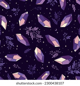 Hermoso patrón impecable con cristales mágicos púrpura, ilustración vectorial. Composición contemporánea. Textura de moda para impresión, textil, envasado.
