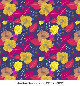 Beautiful seamless pattern of maize crayola, raw sienna color hibiscus flower, UA red, jazz berry red color leaves with french violet, dark magenta color veins on dark slate blue background.
