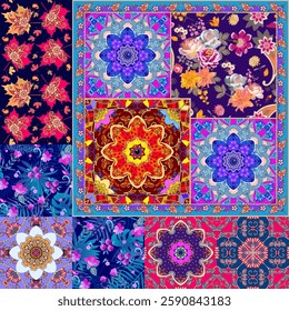 Beautiful seamless pattern with mandalas, flowers and leaves. Patchwork design with various colorful ornaments.