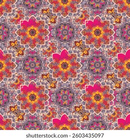 Beautiful seamless pattern with mandalas tulip flowers on a delightful colorful lace background in vector. Fabric print in ethnic style.