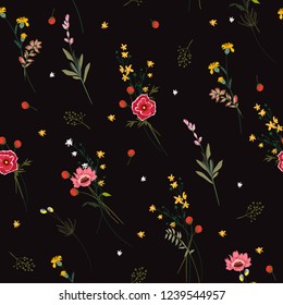 Beautiful seamless pattern many kind of blooming meadow flowers Botanical . Seamless vector texture. Elegant template for fashion prints. Printing with in hand drawn style on black