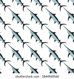 Hermoso patrón impecable con pez espada marino sobre un fondo blanco. Reptiles marinos de estilo plano. Animación de vida salvaje para páginas web.
Ilustración vectorial de existencias para la decoración y el diseño, textiles