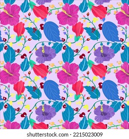 Beautiful seamless pattern of medium purple, frostbite, radical red color hibiscus flower, bright navy blue, caribbean green leaves with french violet, dark pastel green veins on thistle background.