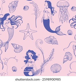 Beautiful seamless pattern with mermaid, shell, starfish, algae, jellyfish line illustration. 