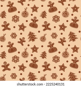 Beautiful seamless pattern for Merry Christmas and Happy new year 2023. A set of gingerbread on a light background. Vector illustration