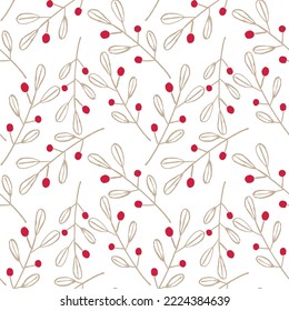 Beautiful seamless pattern of mistletoe branches and leafs with berries on a white background. Winter holiday concept. Happy New Year and Christmas Day decor. Hand drawing seasonal illustration
