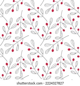 Beautiful seamless pattern of mistletoe grey branches and leafs with berries on a white background. Winter holiday concept. Happy New Year and Christmas Day decor. Hand drawing seasonal illustration