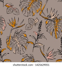 Beautiful Seamless pattern  Modern exotic forest in vector with palm leaves and hand drawn doodle brushed line. Vector illustration. Design for fashion,fabric,web,wallpaper , and all prints 
