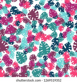 Beautiful seamless pattern with monstera. Tropical flowers background. Cute vector elements in flat cartoon style. For your design, posters, textile, wedding invitation. Vector illustration.