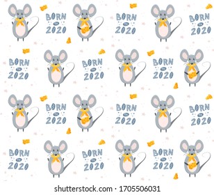 Hermoso patrón impecable con ratón, queso y letras. Papel pintado, textil, estampado, textura, diseño de superficie, ropa infantil. Nacido en 2020