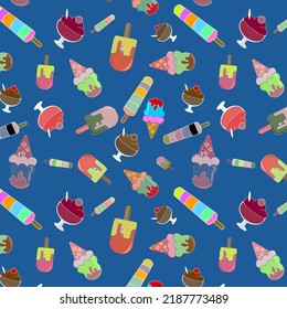  Beautiful Seamless pattern of multicolored or different flavor  ice cream cup , cone, candy on lapis lazuli color background. summer season  concept. textile design, wallpaper, repeated design.