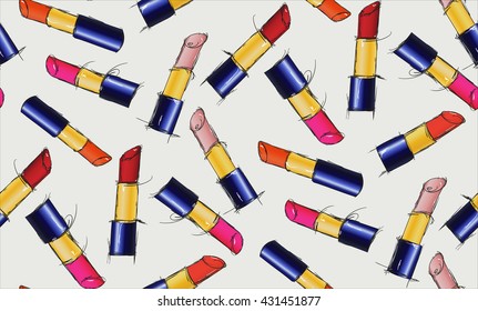 Beautiful seamless pattern of multi-colored lipsticks.Vector seamless pattern with lipsticks. Pomade hand-drawn illustration