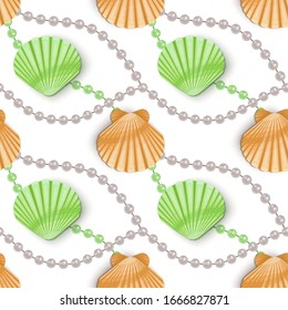 Beautiful seamless pattern of multicolored seashells with pearls. Vector illustration in cartoon style, endless pattern on white background