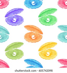 beautiful seamless pattern of multicolored seashells with pearls. hand drawn illustration