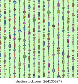 Beautiful seamless pattern of multicolored strings of beads on  light green background. Abstract shapes, scrapbooking, decoration. For backgrounds, wallpapers, textiles, packaging, or  website.