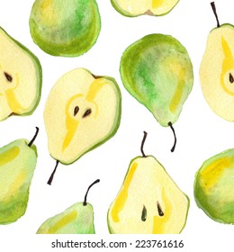 Beautiful seamless pattern of natural fresh pears. hand drawn watercolor on paper texture. vector illustration for print wallpaper, paper, textiles, fabric, wrapper