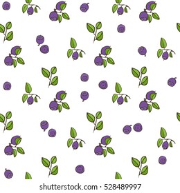 Beautiful seamless pattern with natural fresh blueberries. Hand drawn sketch elements on white background. Vector illustration