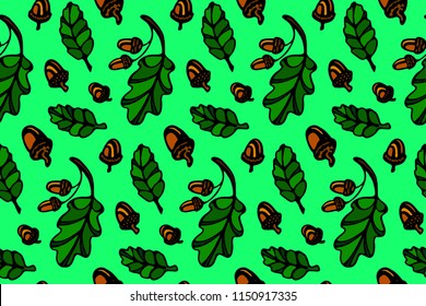 Beautiful seamless pattern with oak leaves and acorns on green background