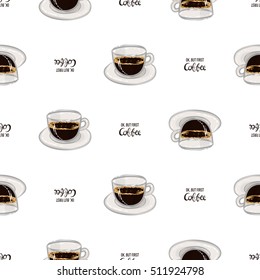 Beautiful seamless pattern with ok but first coffee lettering and espresso for cafe or coffee-shops. Inspired by variety of coffee beverages. Vector background with isolated elements on white backdrop