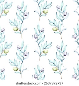 Beautiful seamless pattern of olives and olive oil in watercolor technique celebrating the essence of Italian cuisine and nature perfect for backgrounds and wallpapers showcasing the beauty and