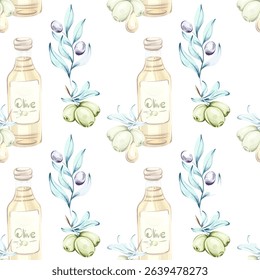 Beautiful seamless pattern of olives and olive oil illustrated in watercolor techniques perfect for backgrounds and wallpapers inspired by Italian cuisine nature and the beauty of healthy eating