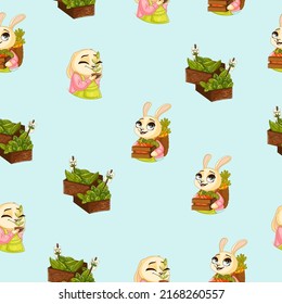 Beautiful seamless pattern on a blue background with a cute bunny and beautiful flowers.Texture for scrapbooking, wrapping paper, invitations. Vector illustration.