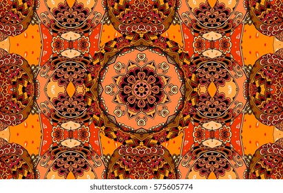 Beautiful seamless pattern on hot tones with flower mandala and cute ornament. Vector illustration. Fashionable print for fabric.