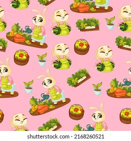 Beautiful seamless pattern on a pink background with cute bunnies, beautiful flowers, delicious apples and cute plants.Texture for scrapbooking, wrapping paper, invitations. Vector illustration.