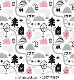 Beautiful seamless pattern on travel theme. All is need for a good adventure: country houses, mountains, trees, paths and other nature and outdoor elements.