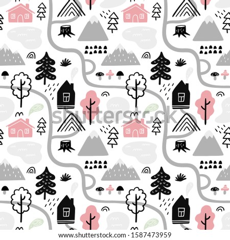 Beautiful seamless pattern on travel theme. All is need for a good adventure: country houses, mountains, trees, paths and other nature and outdoor elements.