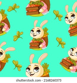 Beautiful seamless pattern on a turquoise background with a cute bunny and beautiful flowers.Texture for scrapbooking, wrapping paper, invitations. Vector illustration.