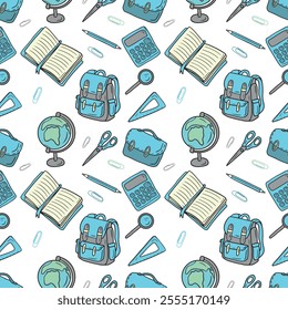 Beautiful seamless pattern with opened book, pencil, apple for lunch, globe, scissors, magnifying glass, clips, calculator in blue and green colors. Hand drawn vector sketch doodle illustrations