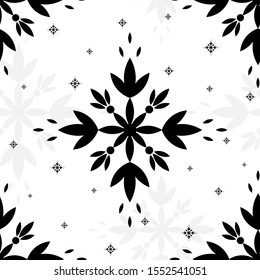 Beautiful seamless pattern with openwork vector snowflakes looks like a flower. Decorative hand drawn pattern for design on a white background.