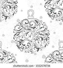 Beautiful seamless pattern with openwork vector Christmas toys. Decorative hand drawn pattern for design on a white background.