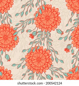 Beautiful seamless pattern with orange flowers and buds. vector illustration