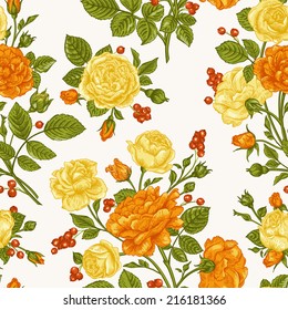 Beautiful seamless pattern with orange and yellow roses and berries on a white background. Vintage vector illustration.