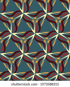 beautiful seamless pattern with oriental motives. yellow, red, burgundy, brown smoothly curved stripes and shapes are grouped and lined up against an azure background. vector 