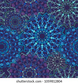 Beautiful seamless pattern in oriental style. Texture of blue tones, vector. Arabic, Indian, ottoman motifs. Circle element in vector. Kaleidoscope, yoga design