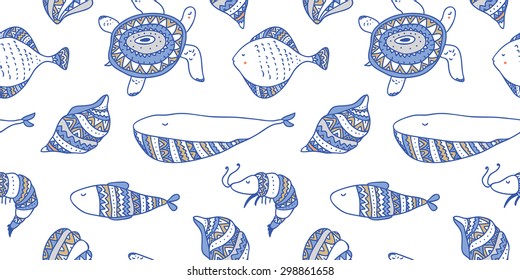 Beautiful seamless pattern with ornamental sea animals and shells. Tribal fish, whale, shrimp and turtle